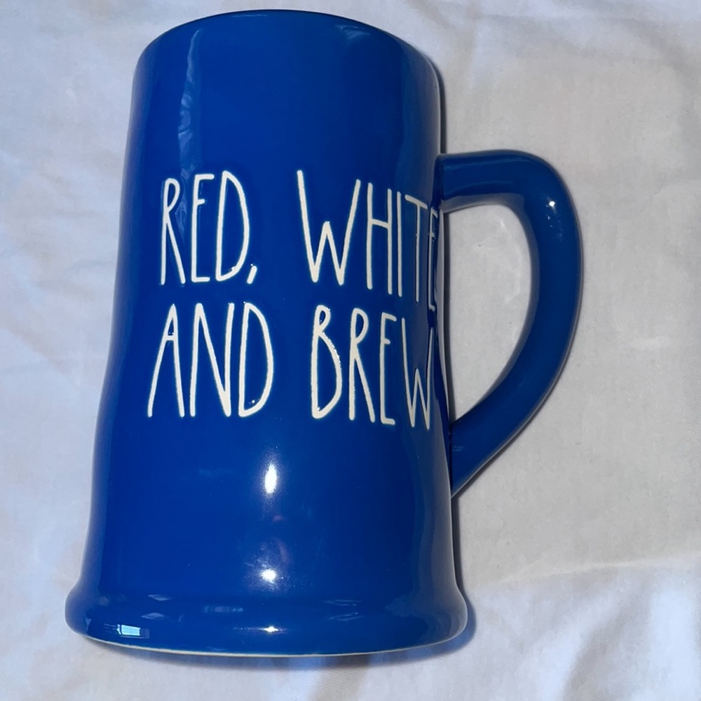 Rae Dunn Blue Mug RED WHITE AND BREW Patriotic Ceramic New